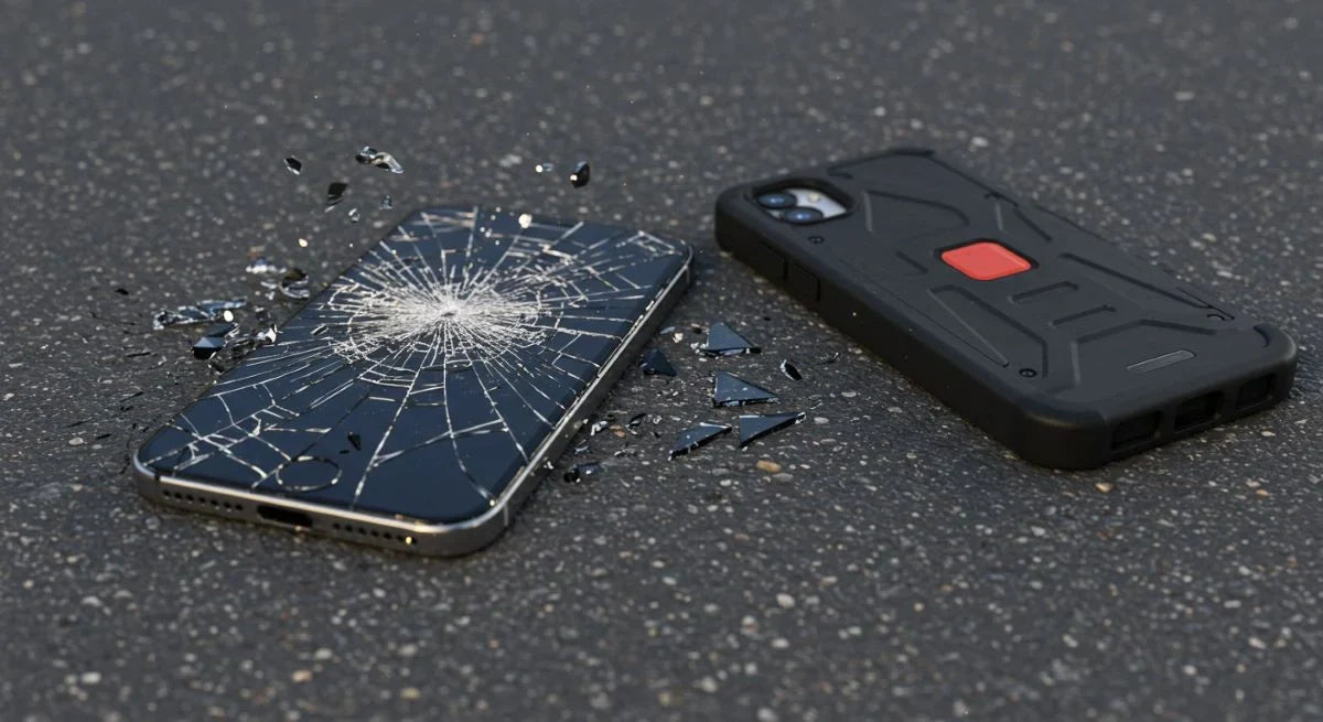A shattered smartphone screen next to an intact phone case on the ground.