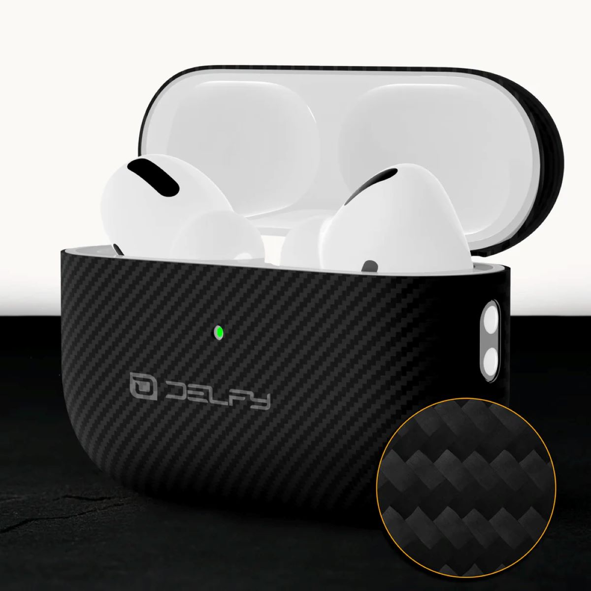 Carbon fiber AirPods case with sleek black textured design.